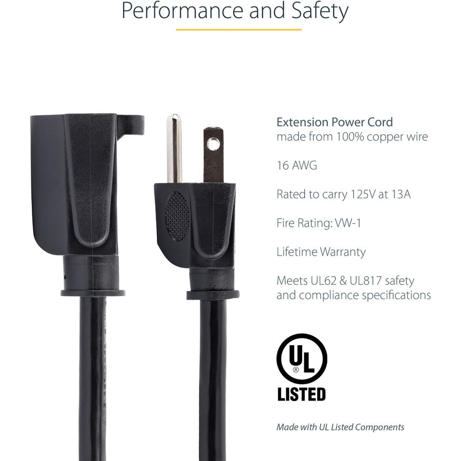 StarTech.com 3ft (1m) Power Extension Cord, NEMA5-15R to NEMA5-15P Black Extension Cord, 13A 125V, 16AWG, Computer Power Extension Cable - AC power extension cord 3ft/1m 16AWG power supply extension cable NEMA 5-15R to NEMA 5-15P connectors; 125V at