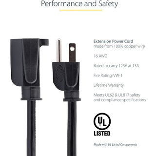 StarTech.com 3ft (1m) Power Extension Cord, NEMA5-15R to NEMA5-15P Black Extension Cord, 13A 125V, 16AWG, Computer Power Extension Cable - AC power extension cord 3ft/1m 16AWG power supply extension cable NEMA 5-15R to NEMA 5-15P connectors; 125V at