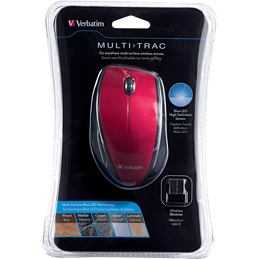 Verbatim Wireless Notebook Multi-Trac Blue LED Mouse - Red - Blue Optical - Wireless - Radio Frequency - Red - USB 2.0 - Scroll Wheel - 2 Button(s) - 