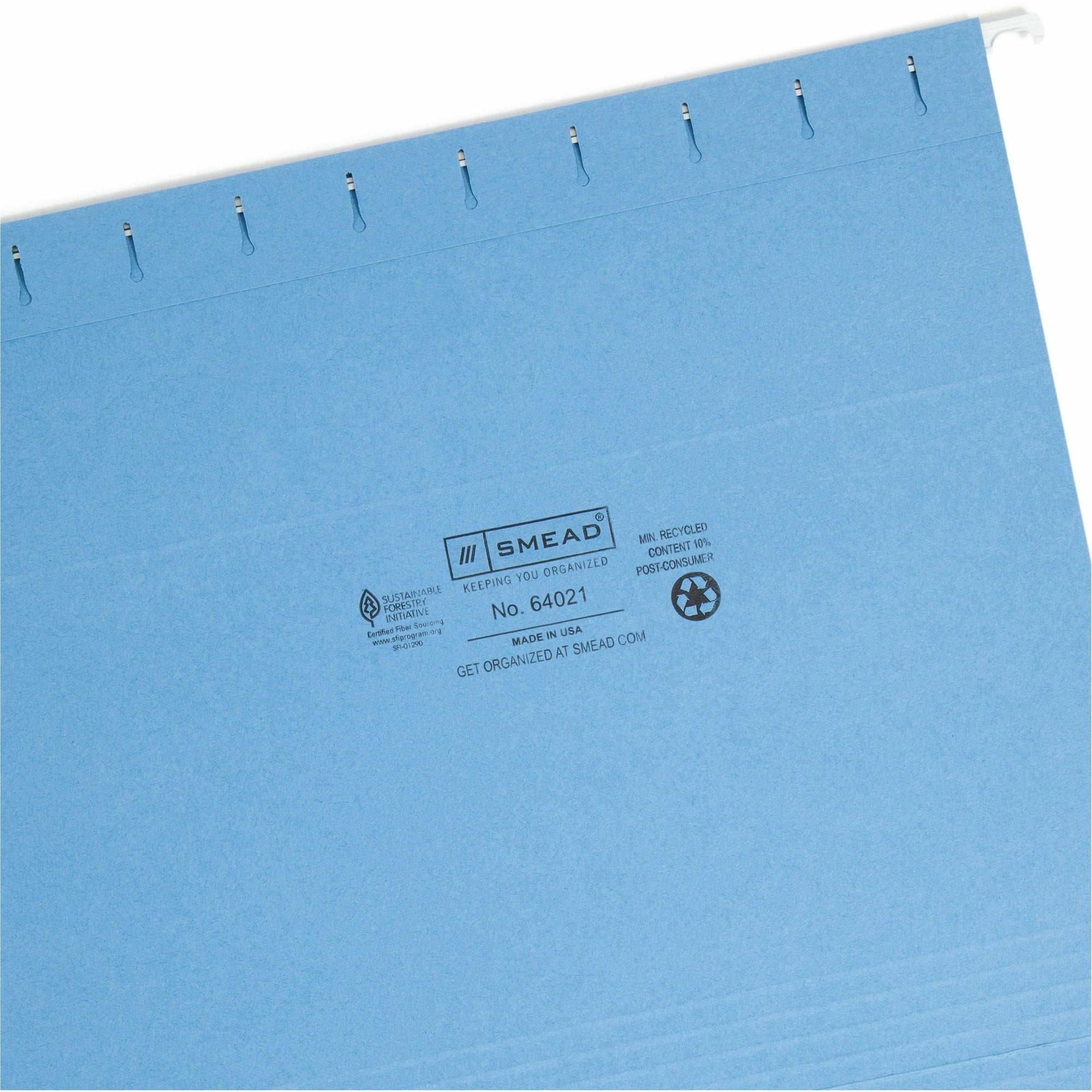 Smead 1/3 Tab Cut Letter Recycled Hanging Folder - 8 1/2" x 11" - Top Tab Location - Assorted Position Tab Position - Poly - Blue - 10% Paper Recycled - 25 / Box - 