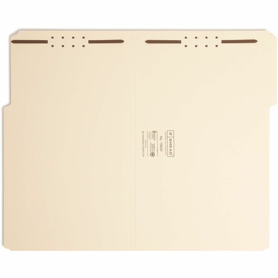 Smead 1/3 Tab Cut Legal Recycled Fastener Folder - 8 1/2" x 14" - 2 x 2K Fastener(s) - Top Tab Location - Assorted Position Tab Position - Manila - 10% Paper Recycled - 50 / Box