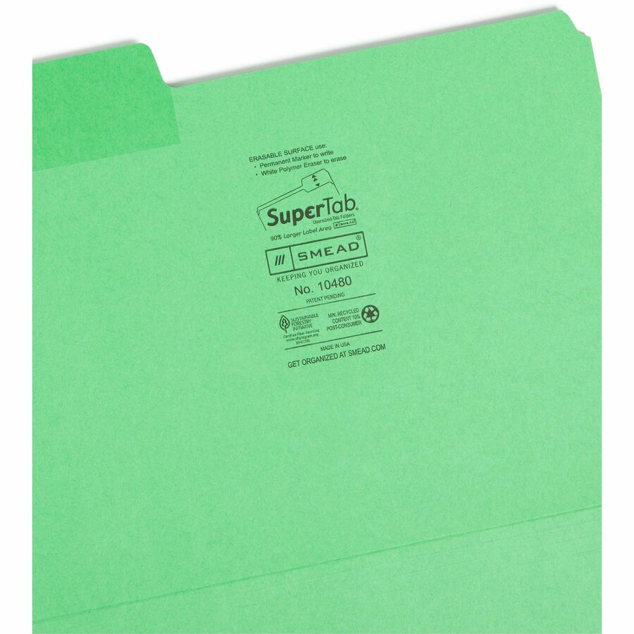 Smead SuperTab 1/3 Tab Cut Letter Recycled Top Tab File Folder - 8 1/2" x 11" - Top Tab Location - Assorted Position Tab Position - Blue, Red, Green, Yellow - 10% Paper Recycled - 24 / Pack