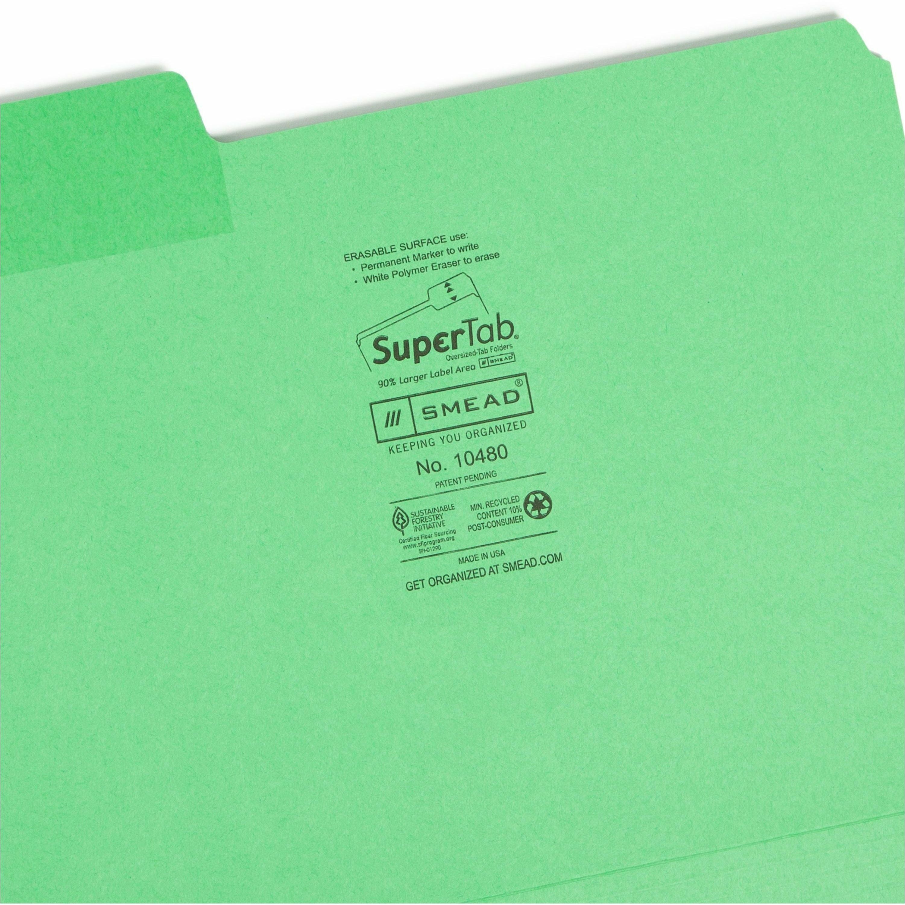 Smead SuperTab 1/3 Tab Cut Letter Recycled Top Tab File Folder - 8 1/2" x 11" - Top Tab Location - Assorted Position Tab Position - Blue, Red, Green, Yellow - 10% Paper Recycled - 24 / Pack - 