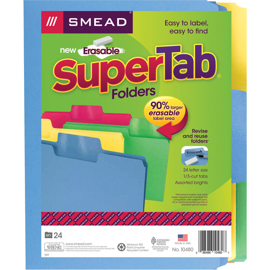 Smead SuperTab 1/3 Tab Cut Letter Recycled Top Tab File Folder - 8 1/2" x 11" - Top Tab Location - Assorted Position Tab Position - Blue, Red, Green, Yellow - 10% Paper Recycled - 24 / Pack - 