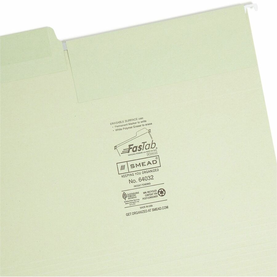 Erasable FasTab Hanging Folders, Letter Size, 1/3-Cut Tabs, Moss, 20/Box