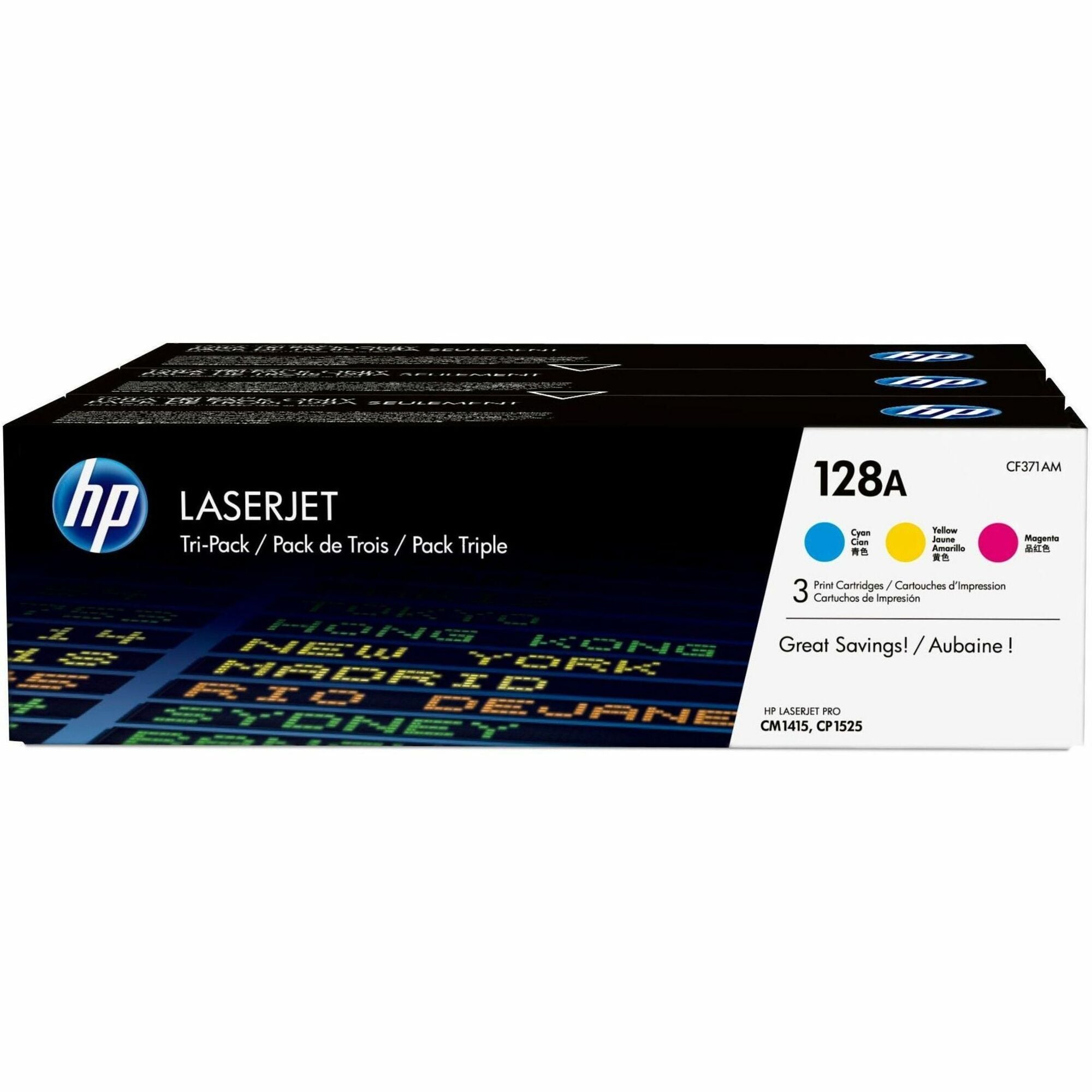 HP 128A, (CF371A-M) 3-Pack Cyan/Magenta/Yellow Original LaserJet Toner Cartridges