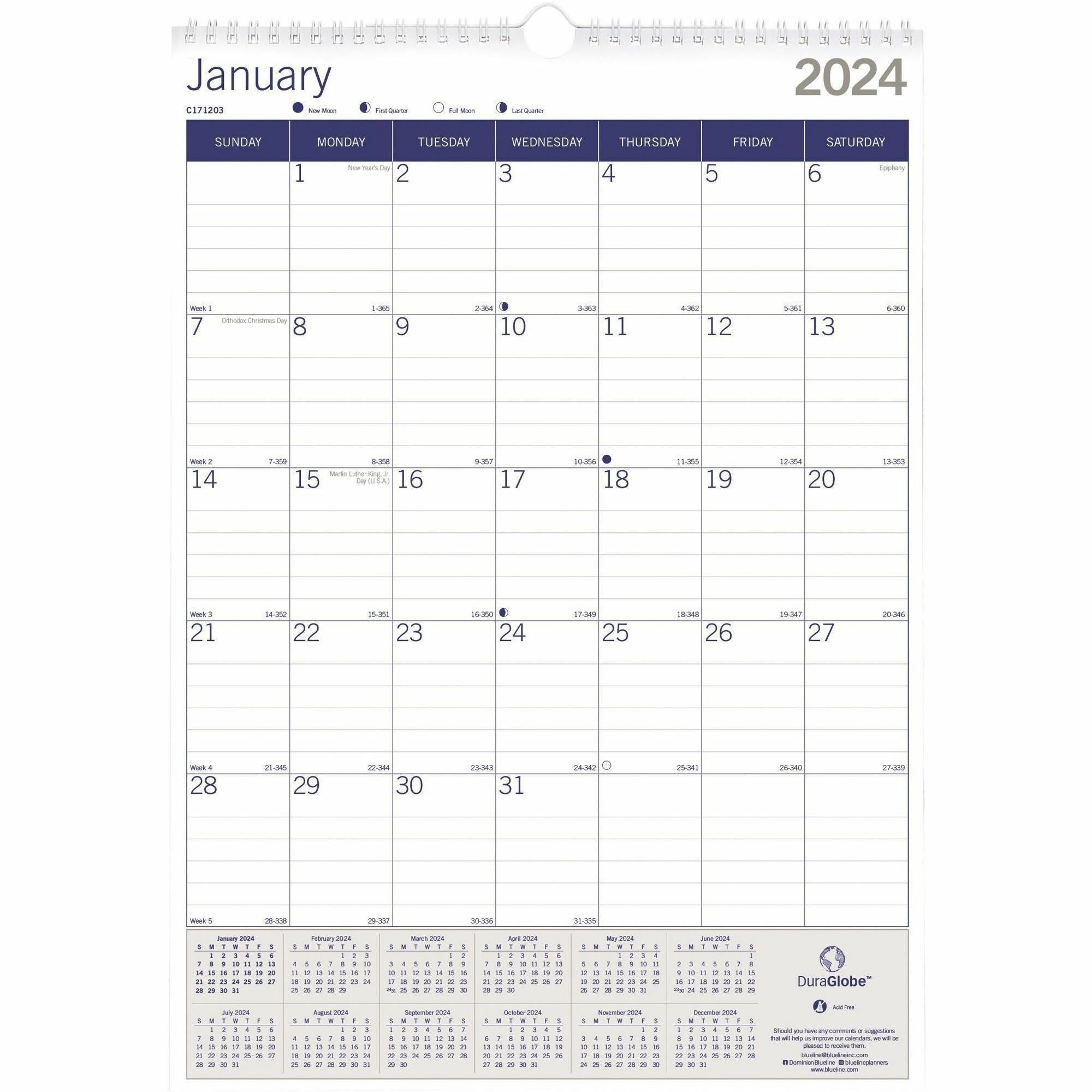 Blueline EcoLogix Wall Calendar - Monthly - 12 Month - January 2024 - December 2024 - 1 Month Single Page Layout - 12" x 17" Sheet Size - White, Brown, Green - Chipboard - Reinforced, Eco-friendly, Reference Calendar - 1 Each