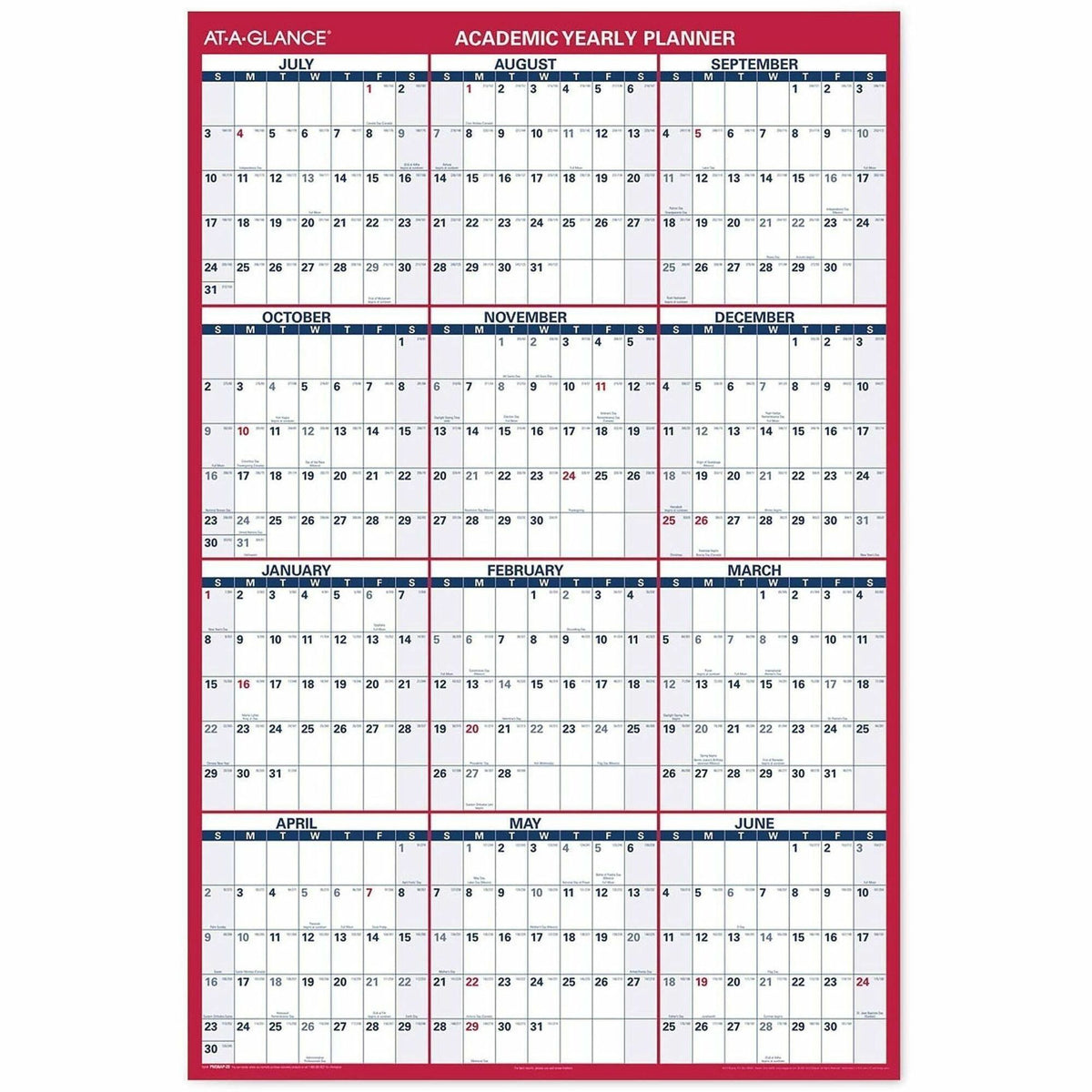 Academic Erasable Reversible Extra Large Wall Calendar, 48 x 32, White/Blue/Red, 12 Month (July to June): 2023 to 2024