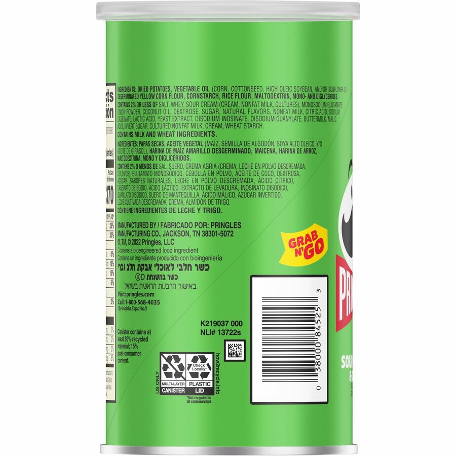 Pringles Sour Cream & Onion - Sour Cream, Onion - Can - 1 Serving Can - 2.50 oz - 12 / Carton