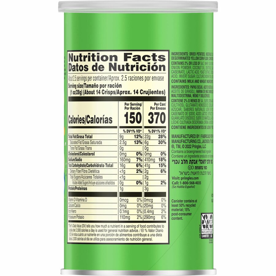 Pringles Sour Cream & Onion - Sour Cream, Onion - Can - 1 Serving Can - 2.50 oz - 12 / Carton