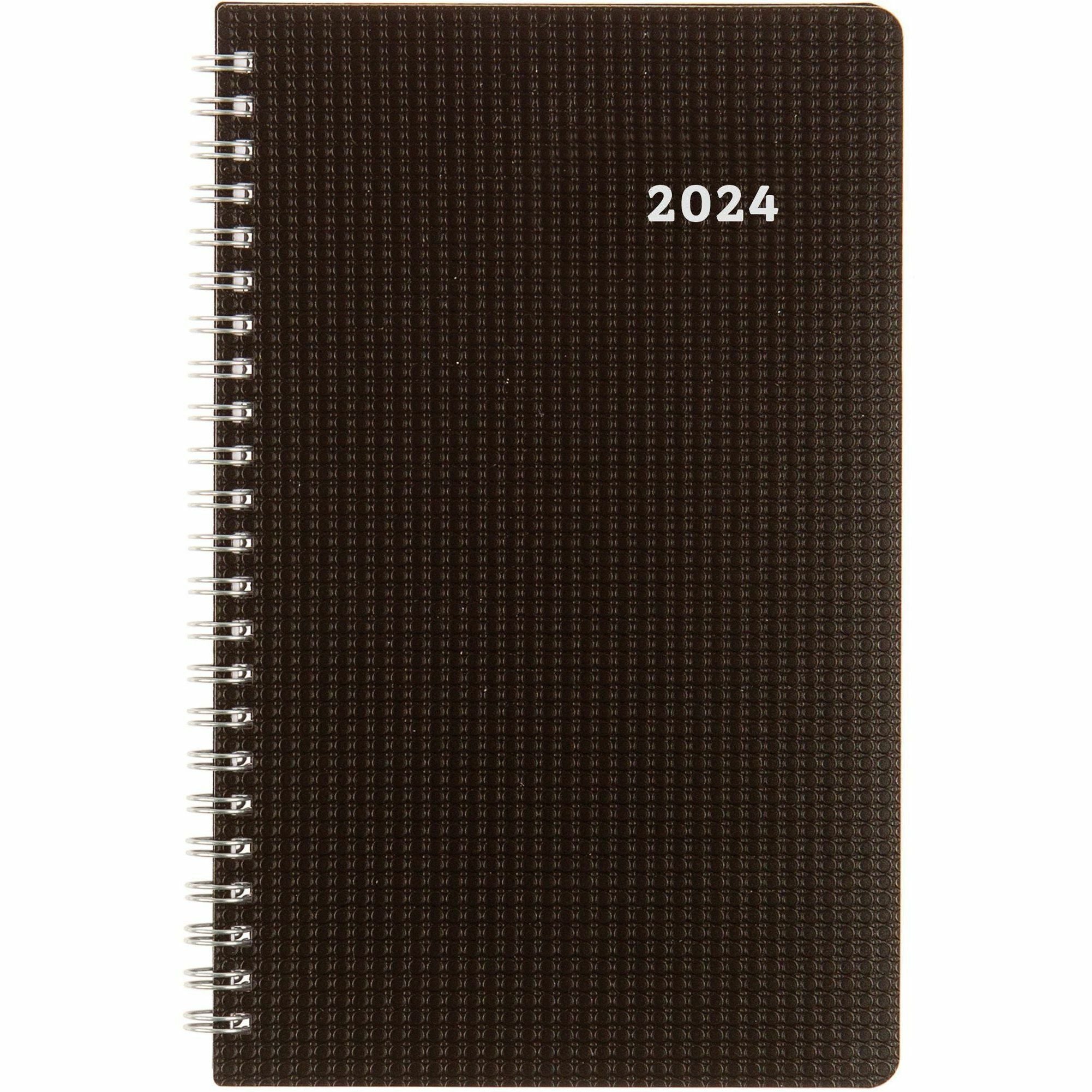 Brownline DuraFlex Weekly Appointment Book - Julian Dates - Weekly - 12 Month - January 2024 - December 2024 - 7:00 AM to 6:00 PM - Hourly - 1 Week Double Page Layout - 5" x 8" Sheet Size - Twin Wire - Black - Poly - Textured Cover, Moon Phases, Refe - 