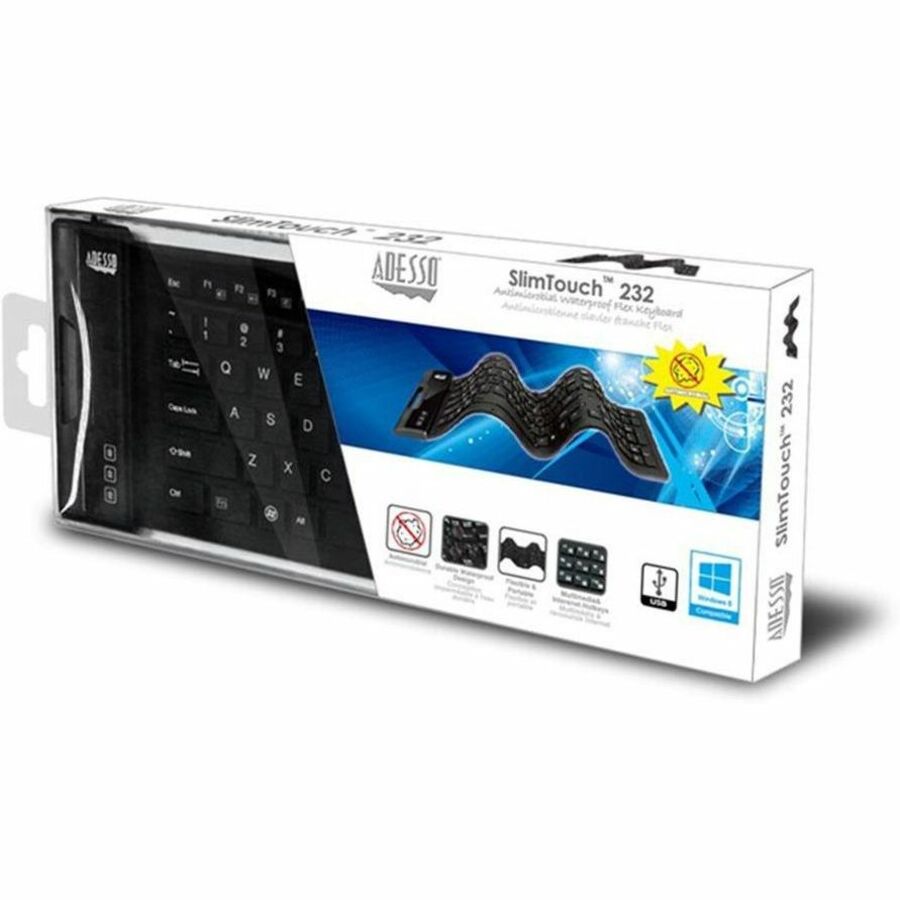 Slimtouch 232 Antimicrobial Waterproof Flex Keyboard, 120 Keys, Black
