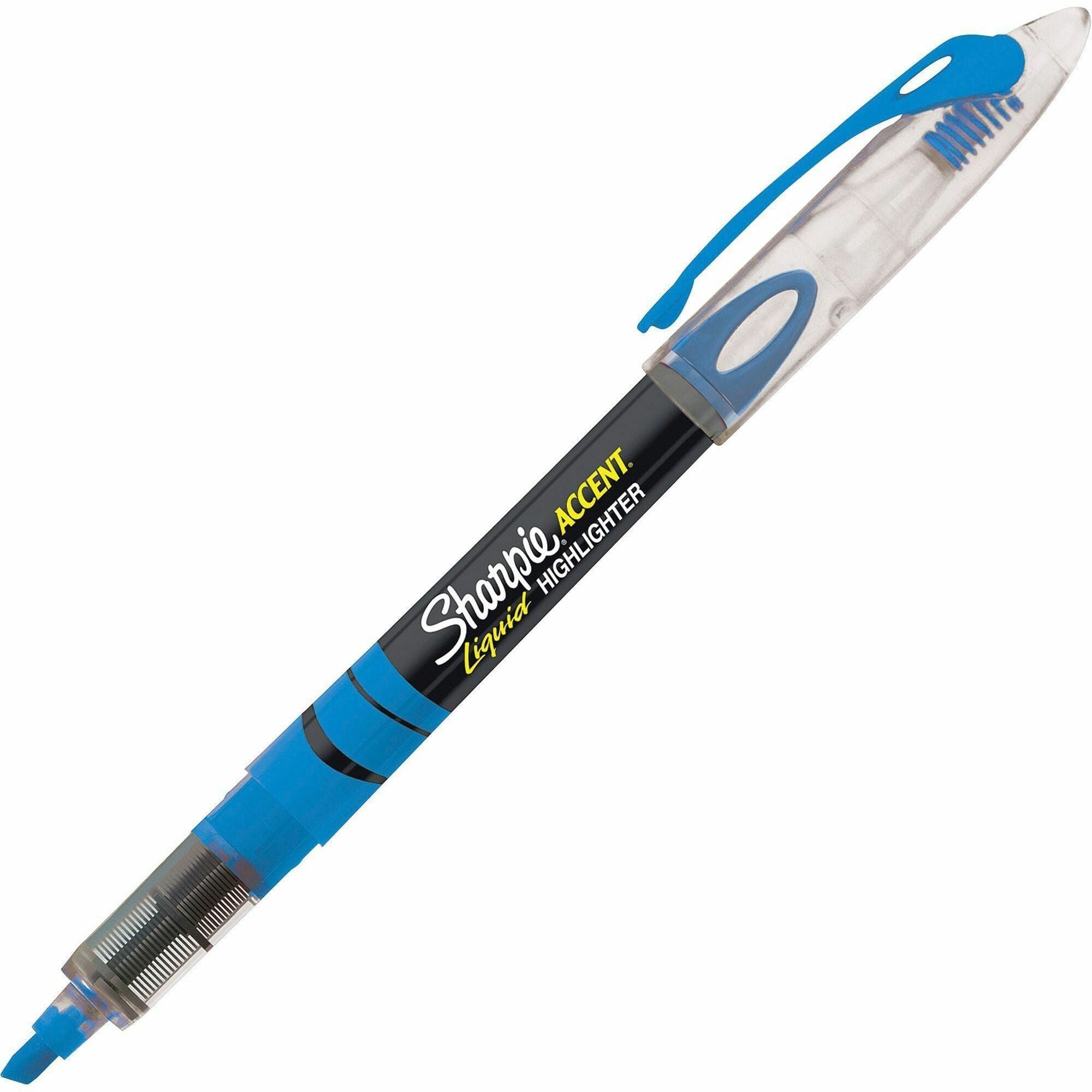 Liquid Pen Style Highlighters, Fluorescent Blue Ink, Chisel Tip, Blue/Black/Clear Barrel, Dozen