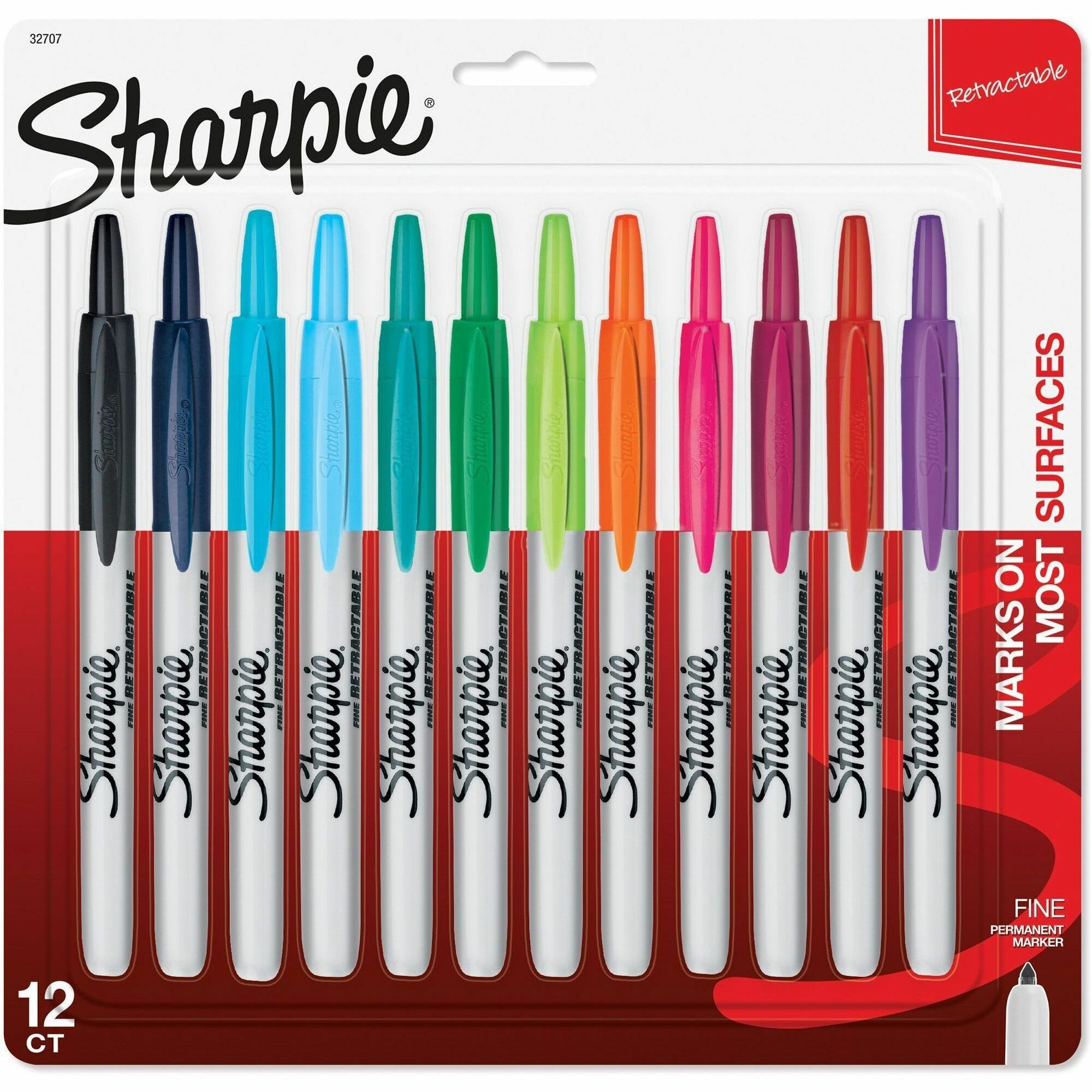Retractable Permanent Marker, Fine Bullet Tip, Assorted Colors, 12/Set