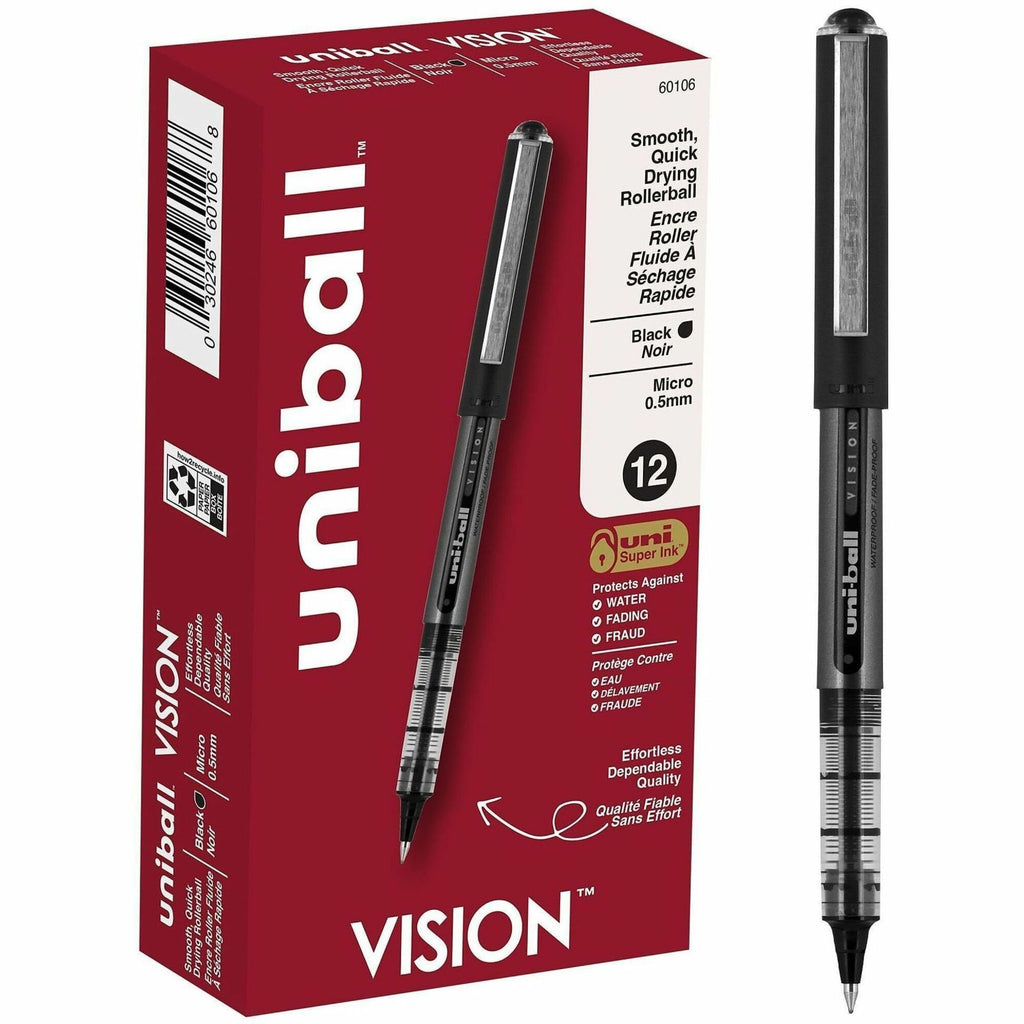 uni-ball - Vision Roller Ball Stick Water-Proof Pen, Black Ink, Micro, Dozen, Sold as 1 DZ