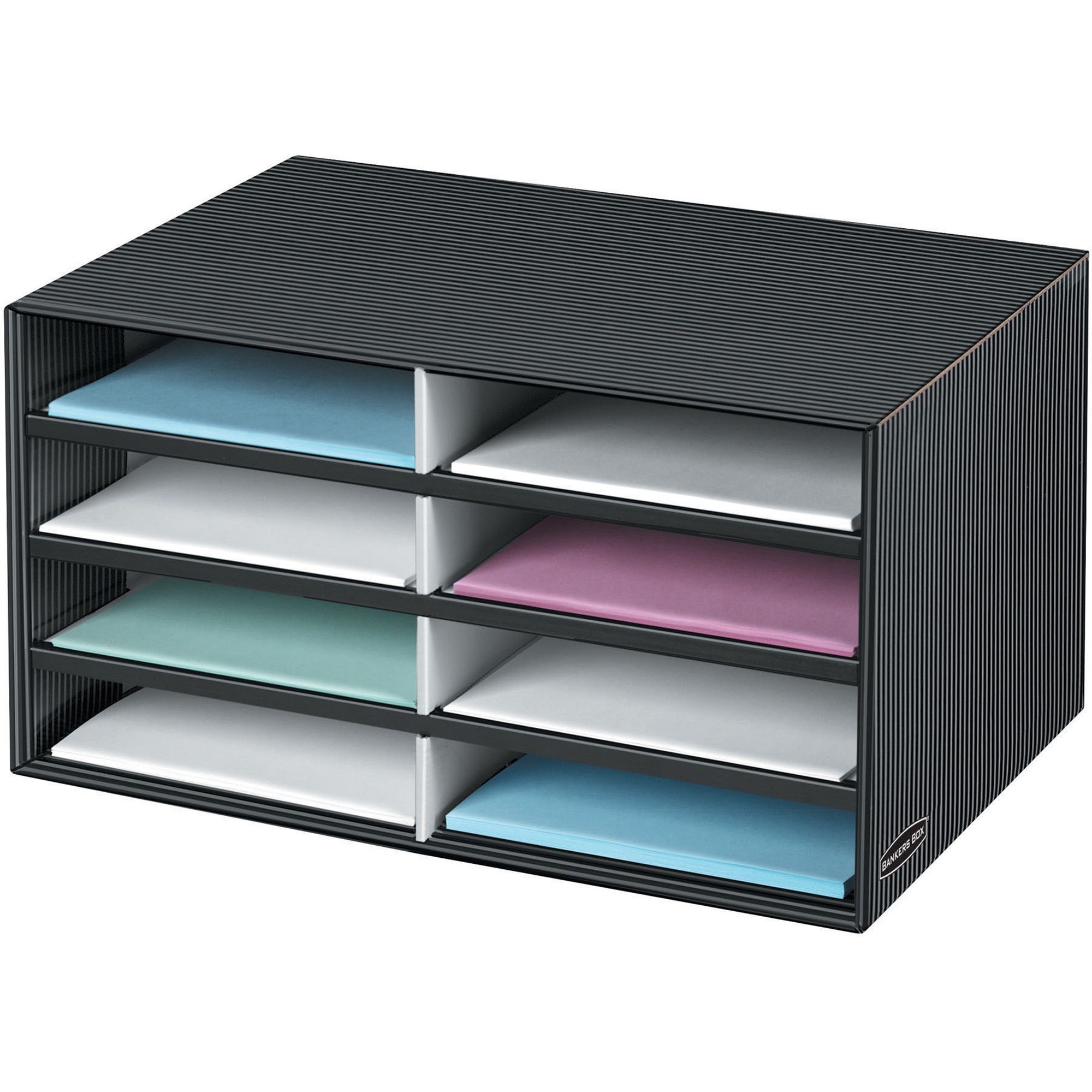 Decorative Sorter, 8 Letter Compartments, 19.5 x 12.38 x 10.25, Black/Gray Pinstripe