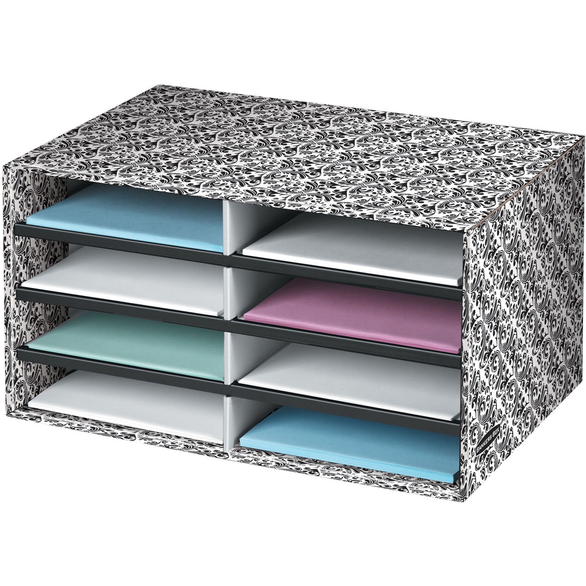 Decorative Sorter, 8 Letter Compartments, 19.5 x 12.38 x 10.25, Black/White Brocade