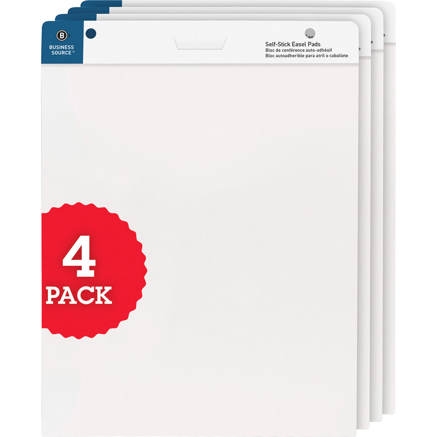 Business Source 25"x30" Self-stick Easel Pads - 30 Sheets - Plain - 25" x 30" - White Paper - Cardboard Cover - Self-stick - 4 / Carton - 