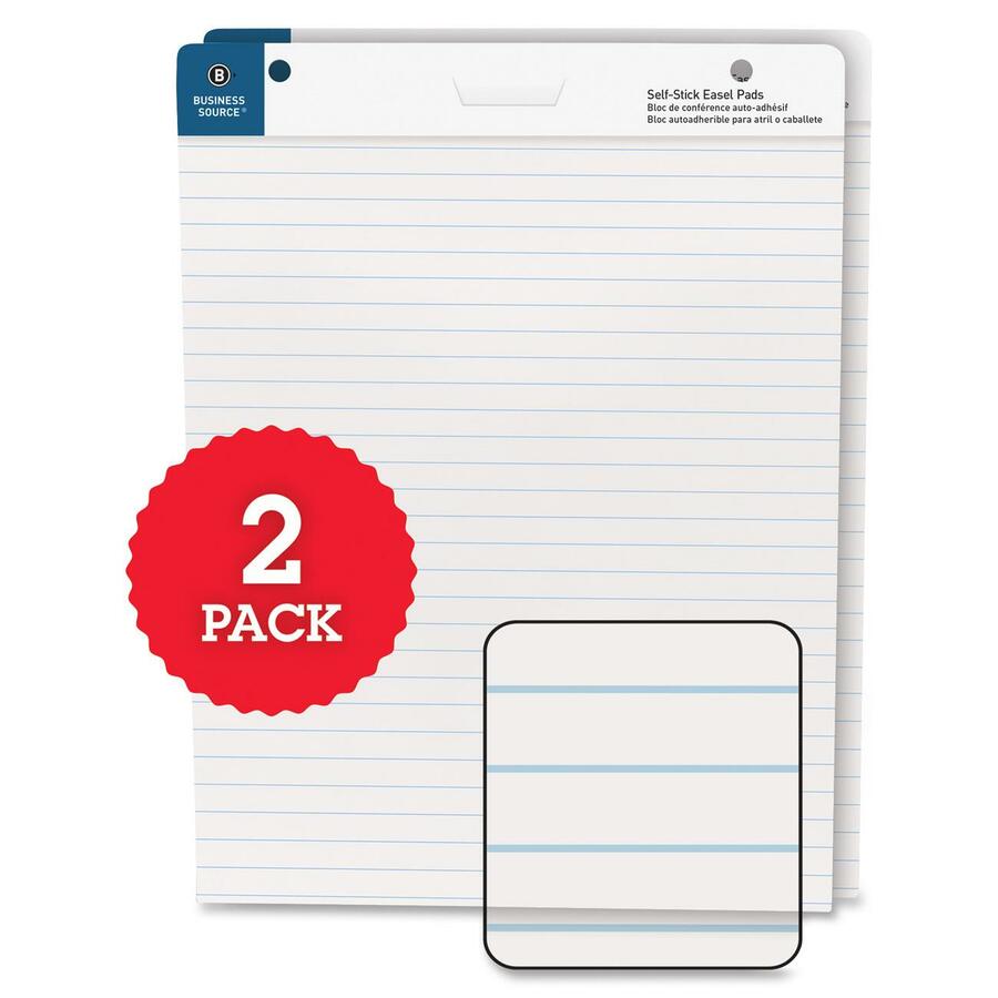 Business Source 25"x30" Lined Self-stick Easel Pads - 30 Sheets - 25" x 30" - White Paper - Cardboard Cover - Self-stick - 2 / Carton - 