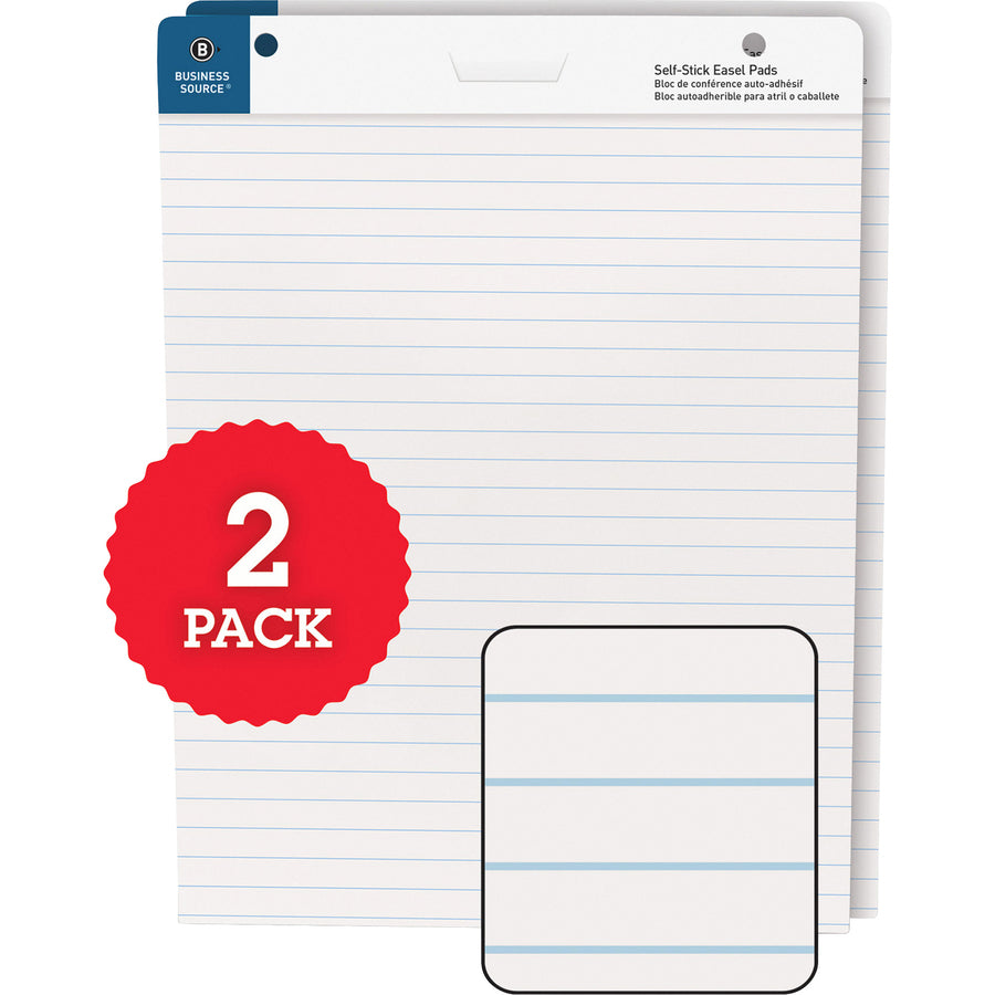 Business Source 25"x30" Lined Self-stick Easel Pads - 30 Sheets - 25" x 30" - White Paper - Cardboard Cover - Self-stick - 2 / Carton - 