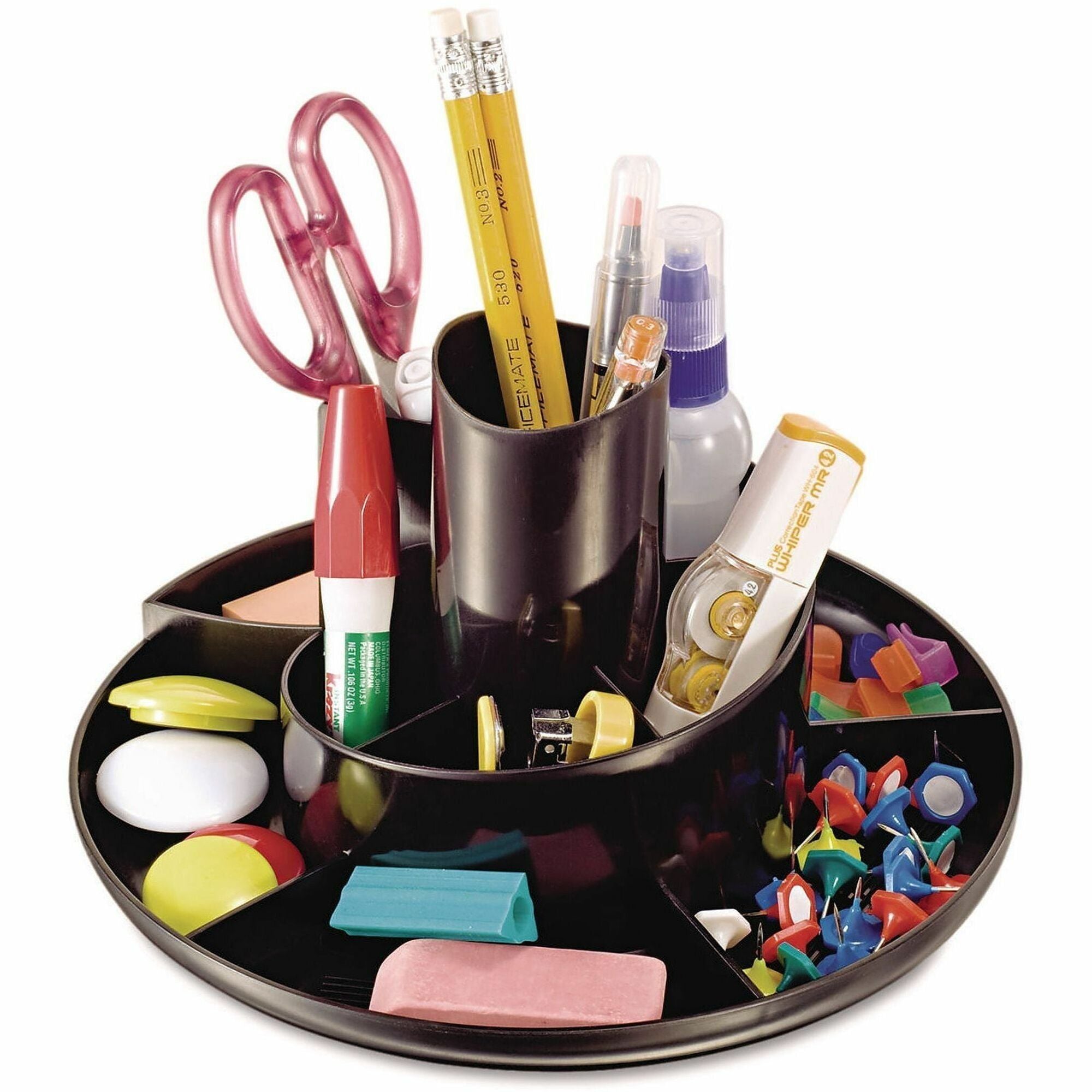 Rotary Desk Organizer, 11 Compartments, Plastic, 8.75" Diameter x 5.38"h, Black