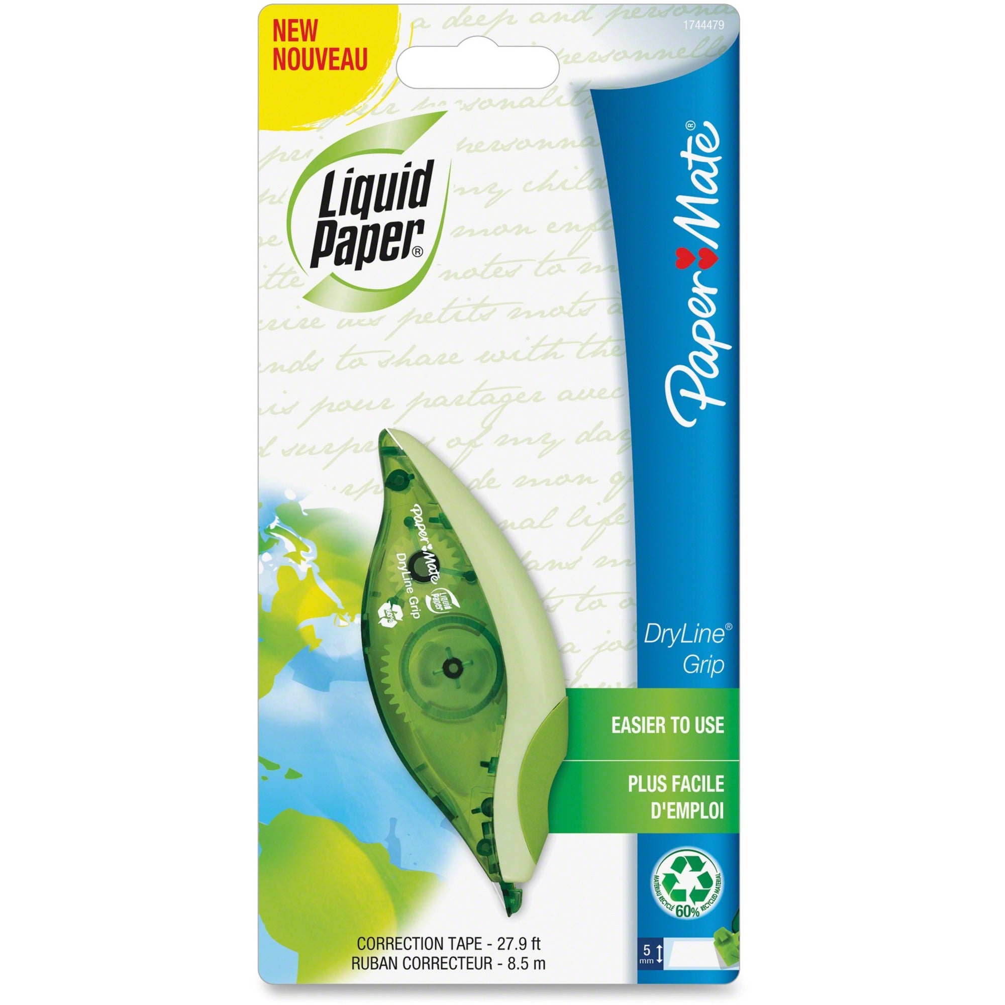 Paper Mate DryLine Grip Correction Film - 0.20" Width x 19.69 ft Length - 1 Line(s) - Ergonomic Green Dispenser - Tear Resistant, Break Resistant, Quick Drying, Comfortable Grip - 1 Each - Green - 