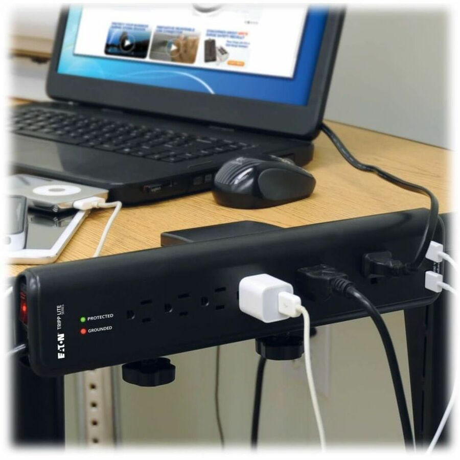 Tripp Lite by Eaton Protect It! 6-Outlet Clamp-Mount Surge Protector 6 ft. (1.83 m) Cord 2100 Joules 2 x USB Charging ports (2.1A total) - 6 x NEMA 5-15R - 1875 VA - 2100 J - 120 V AC Input - 5 V DC Output