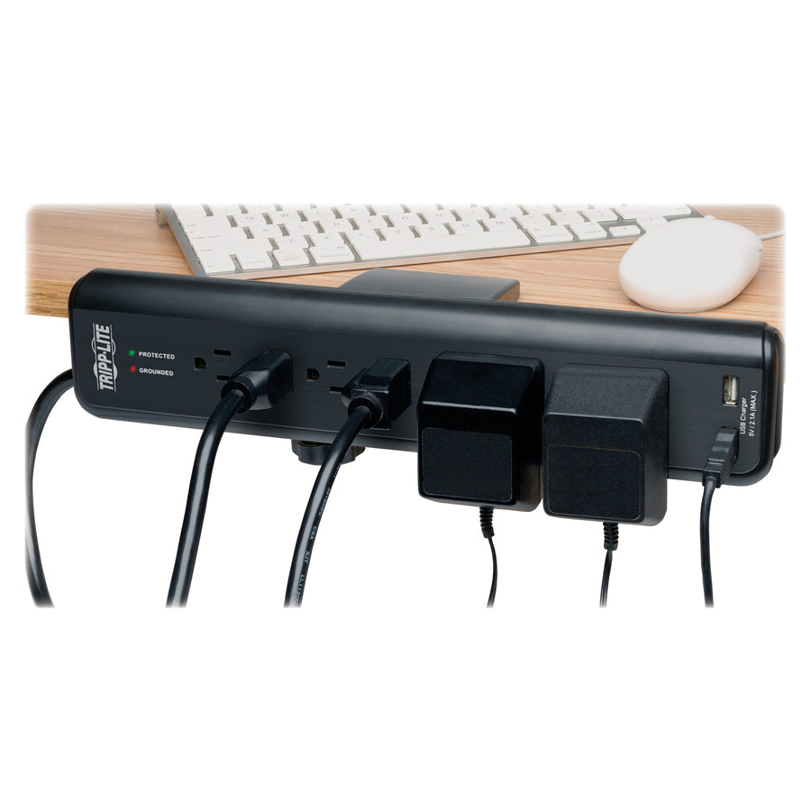 Tripp Lite by Eaton Protect It! 6-Outlet Clamp-Mount Surge Protector 6 ft. (1.83 m) Cord 2100 Joules 2 x USB Charging ports (2.1A total) - 6 x NEMA 5-15R - 1875 VA - 2100 J - 120 V AC Input - 5 V DC Output - 