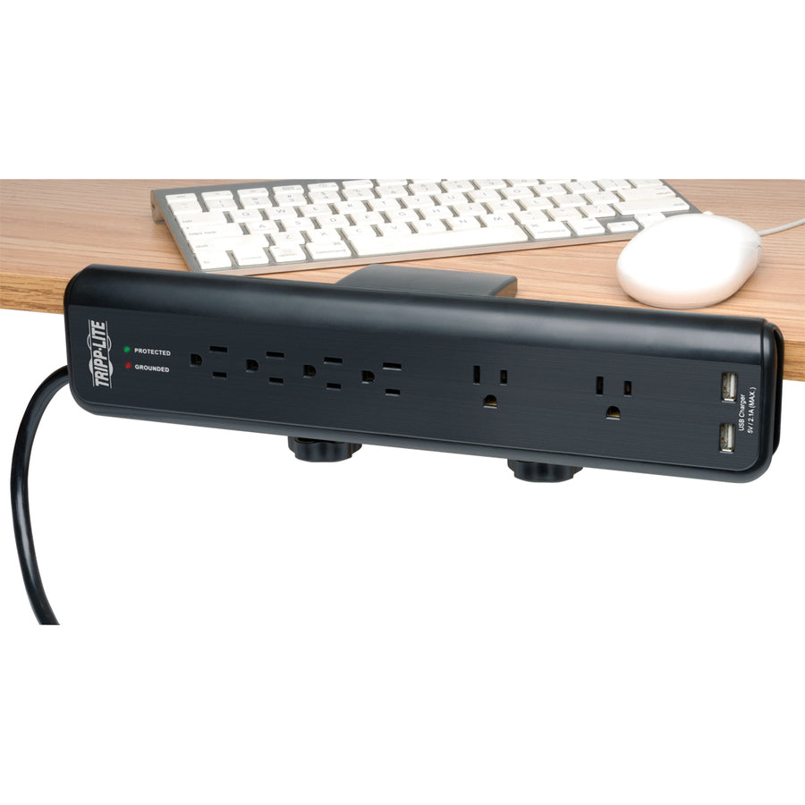 Tripp Lite by Eaton Protect It! 6-Outlet Clamp-Mount Surge Protector 6 ft. (1.83 m) Cord 2100 Joules 2 x USB Charging ports (2.1A total) - 6 x NEMA 5-15R - 1875 VA - 2100 J - 120 V AC Input - 5 V DC Output - 