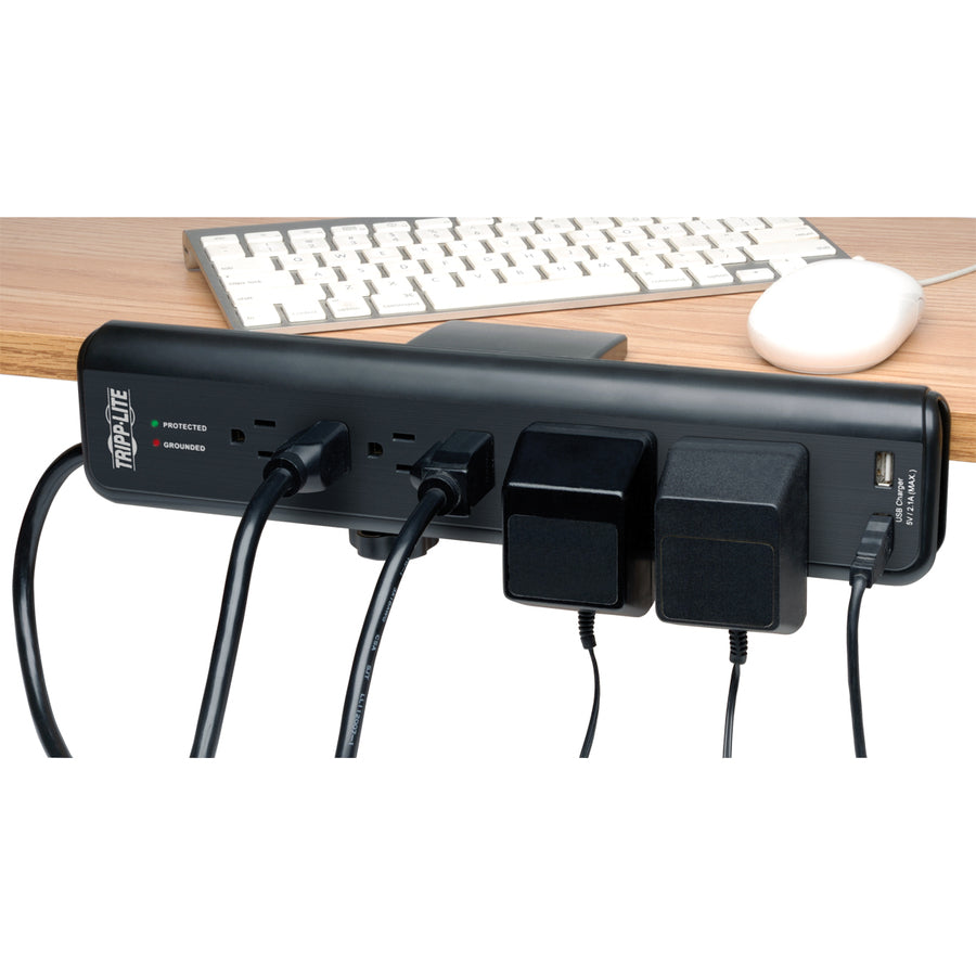 Tripp Lite by Eaton Protect It! 6-Outlet Clamp-Mount Surge Protector 6 ft. (1.83 m) Cord 2100 Joules 2 x USB Charging ports (2.1A total) - 6 x NEMA 5-15R - 1875 VA - 2100 J - 120 V AC Input - 5 V DC Output - 
