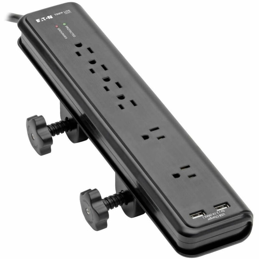 Tripp Lite by Eaton Protect It! 6-Outlet Clamp-Mount Surge Protector 6 ft. (1.83 m) Cord 2100 Joules 2 x USB Charging ports (2.1A total) - 6 x NEMA 5-15R - 1875 VA - 2100 J - 120 V AC Input - 5 V DC Output