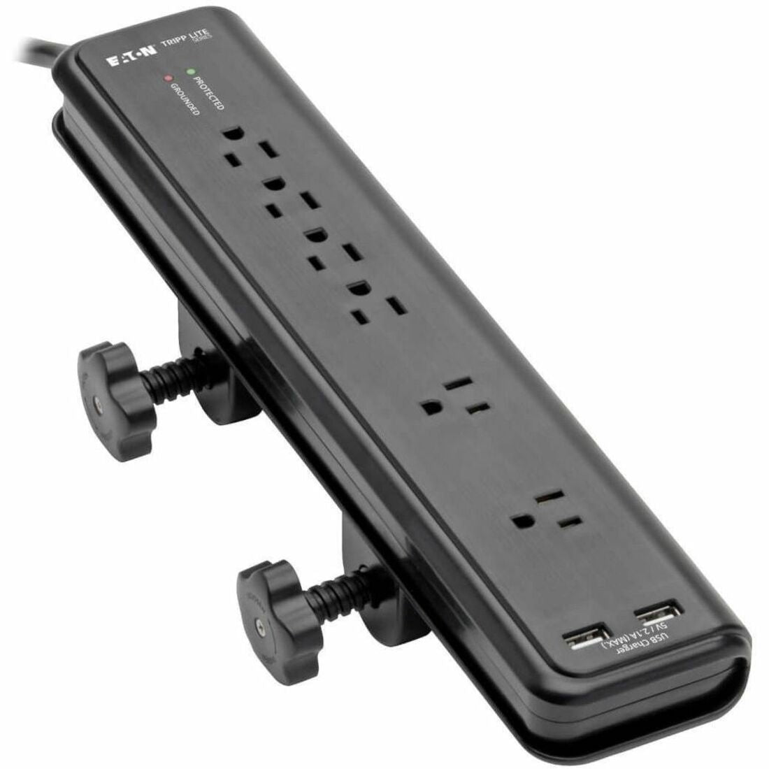 Tripp Lite by Eaton Protect It! 6-Outlet Clamp-Mount Surge Protector 6 ft. (1.83 m) Cord 2100 Joules 2 x USB Charging ports (2.1A total) - 6 x NEMA 5-15R - 1875 VA - 2100 J - 120 V AC Input - 5 V DC Output