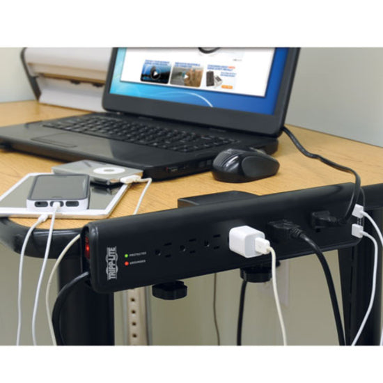 Tripp Lite by Eaton Protect It! 6-Outlet Clamp-Mount Surge Protector 6 ft. (1.83 m) Cord 2100 Joules 2 x USB Charging ports (2.1A total) - 6 x NEMA 5-15R - 1875 VA - 2100 J - 120 V AC Input - 5 V DC Output - 