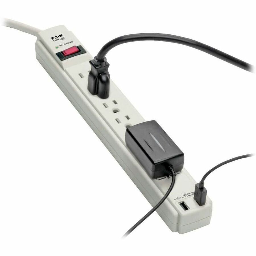 Protect It! Surge Protector, 6 AC Outlets/2 USB Ports, 6 ft Cord, 990 J, Cool Gray
