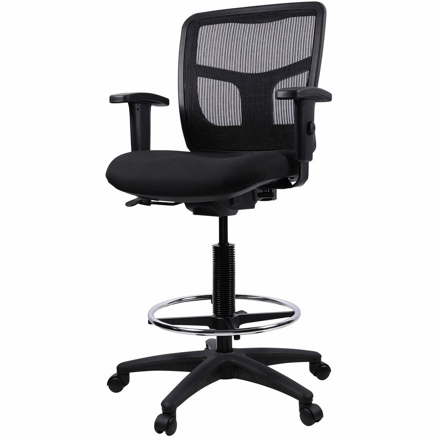 Lorell Ratchet Back Mesh Mid-Back Stool - Black Fabric Seat - Black Mesh Back - 5-star Base - Black - 1 Each