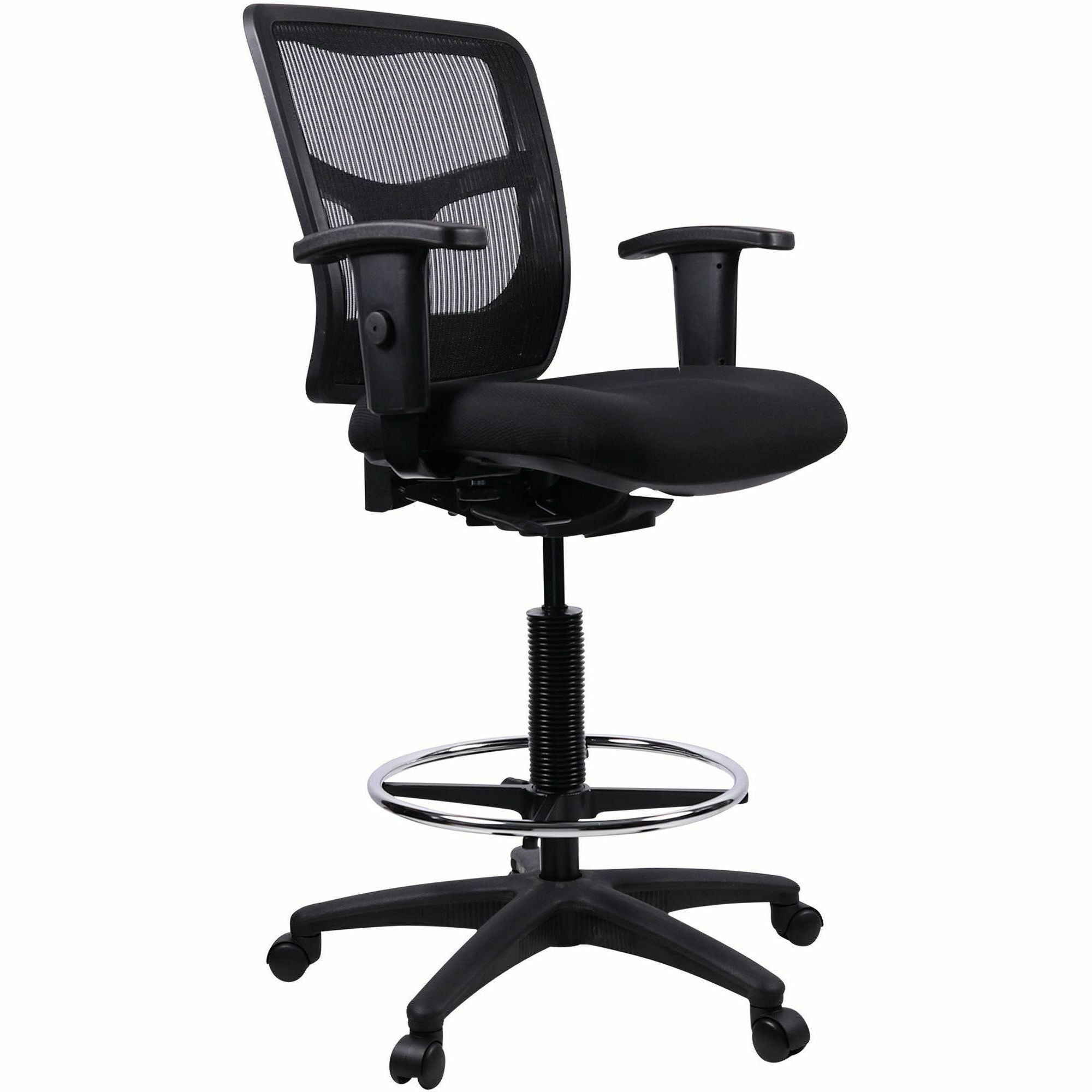 Lorell Ratchet Back Mesh Mid-Back Stool - Black Fabric Seat - Black Mesh Back - 5-star Base - Black - 1 Each
