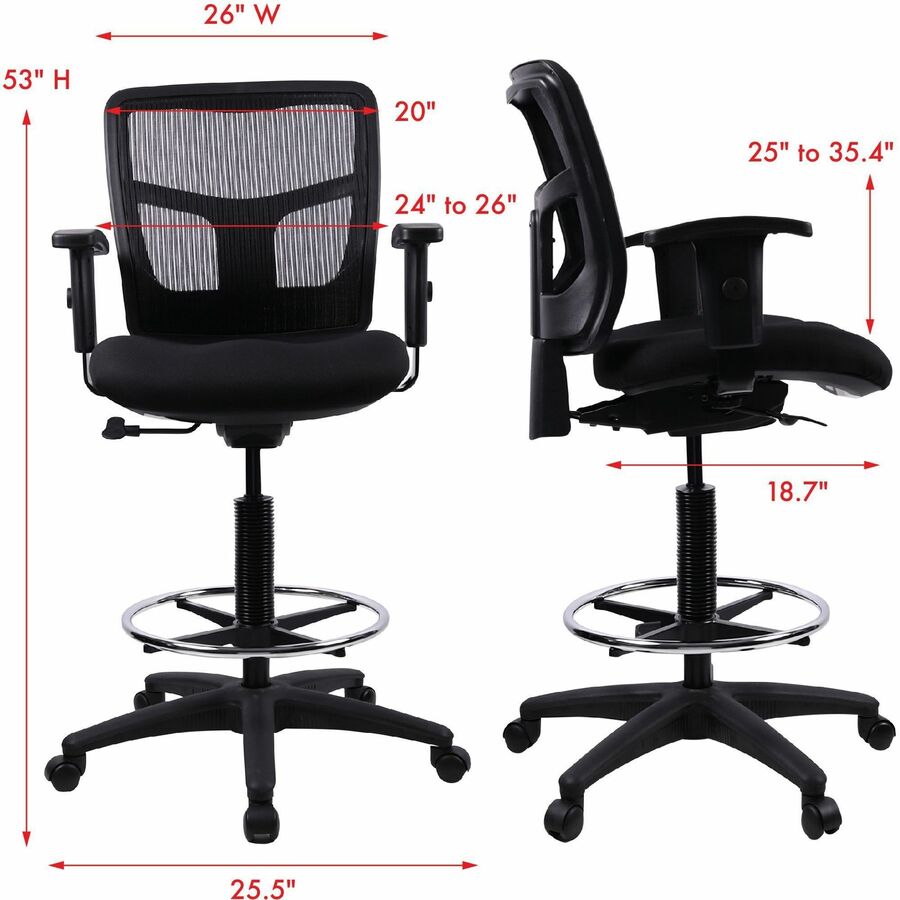 Lorell Ratchet Back Mesh Mid-Back Stool - Black Fabric Seat - Black Mesh Back - 5-star Base - Black - 1 Each