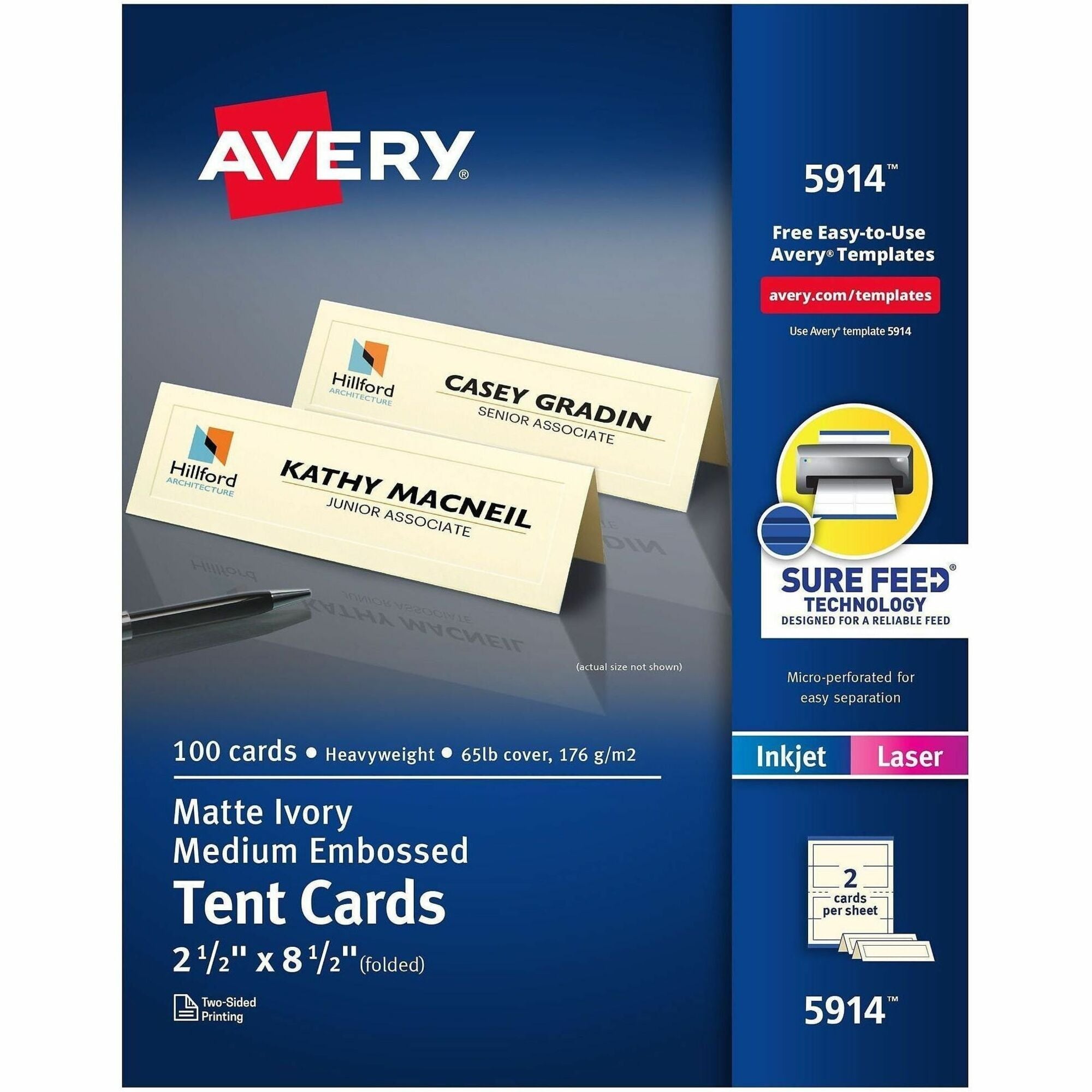 Avery Sure Feed Embossed Tent Cards - 79 Brightness - 2 1/2" x 8 1/2" - Embossed - 1 / Pack - FSC Mix - Rounded Corner, Heavyweight - Ivory