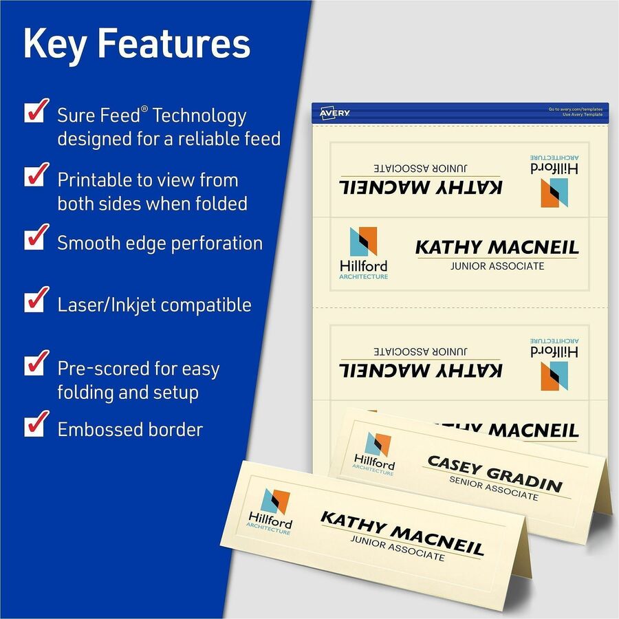 Avery Sure Feed Embossed Tent Cards - 79 Brightness - 2 1/2" x 8 1/2" - Embossed - 1 / Pack - FSC Mix - Rounded Corner, Heavyweight - Ivory