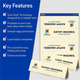 Avery Sure Feed Embossed Tent Cards - 79 Brightness - 2 1/2" x 8 1/2" - Embossed - 1 / Pack - FSC Mix - Rounded Corner, Heavyweight - Ivory