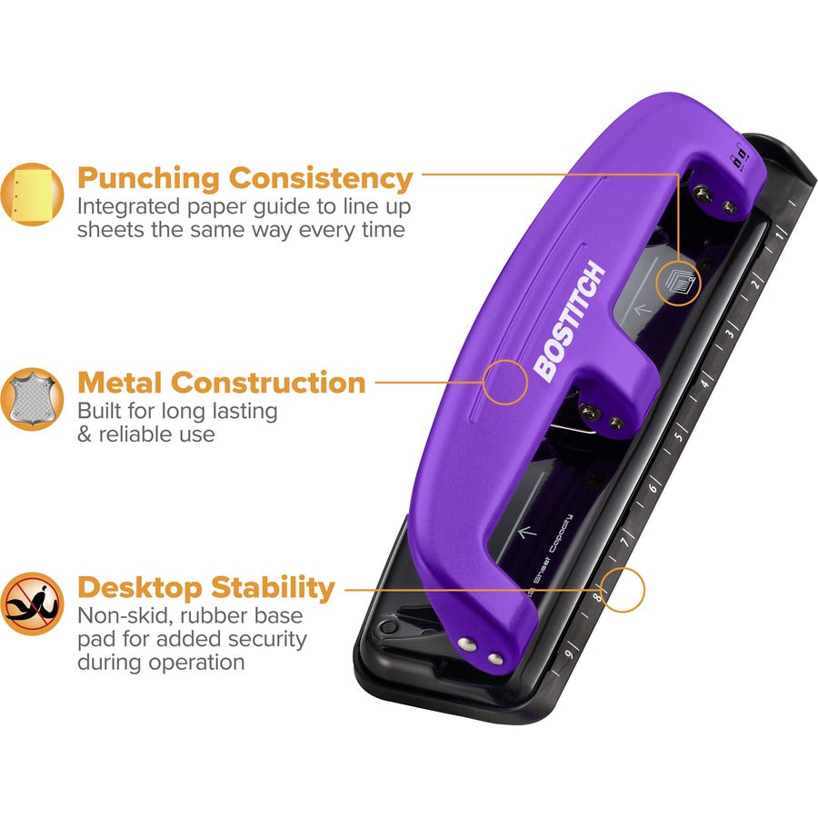 12-Sheet EZ Squeeze Three-Hole Punch, 9/32" Holes, Purple/Black
