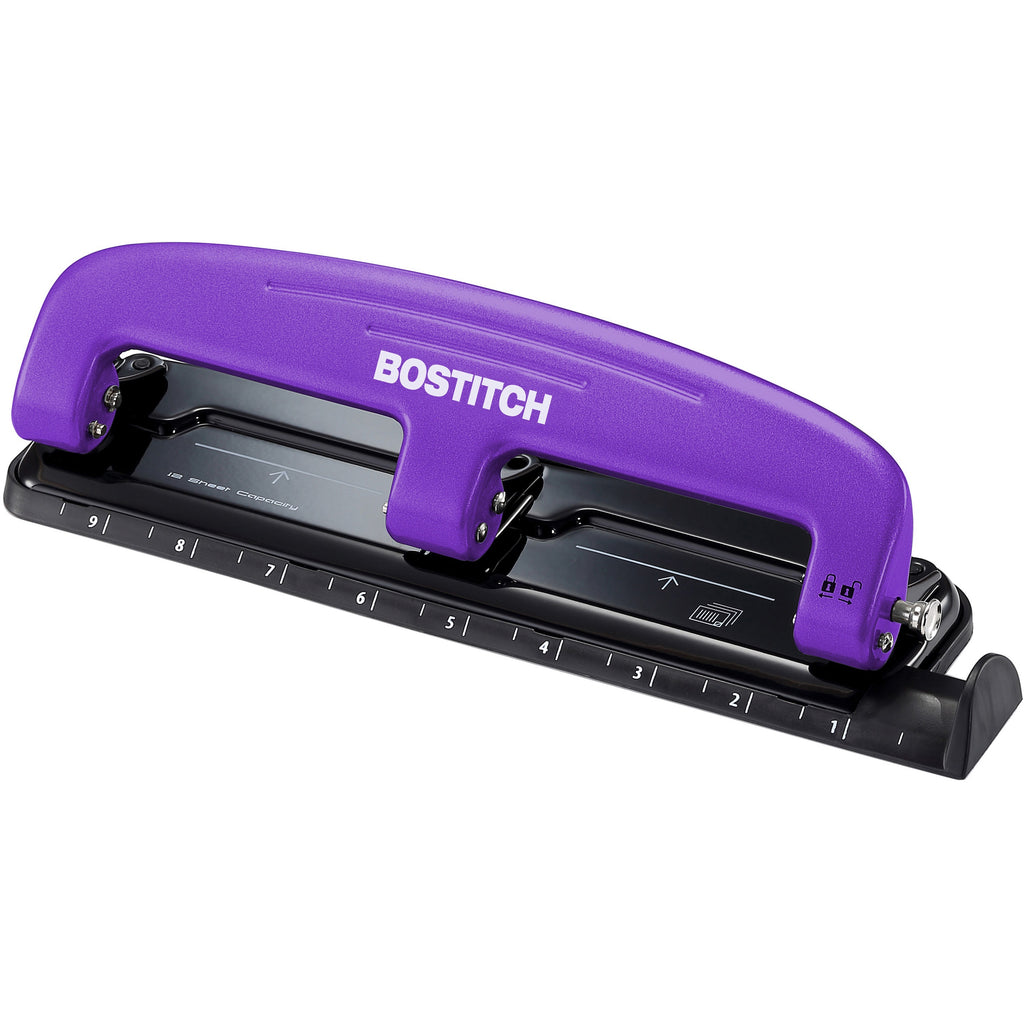 12-Sheet EZ Squeeze Three-Hole Punch, 9/32" Holes, Purple/Black