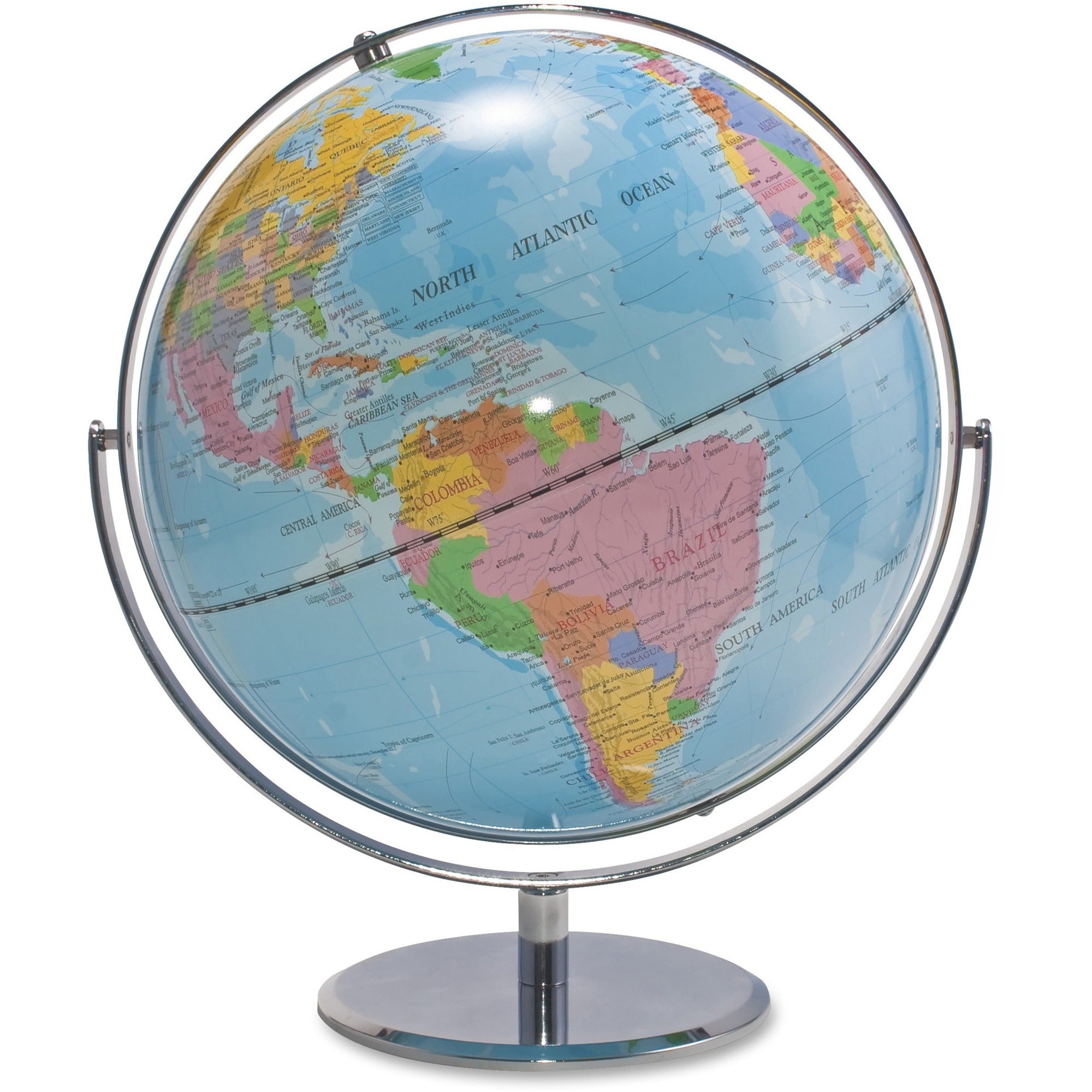 12-Inch Globe with Blue Oceans, Silver-Toned Metal Desktop Base, Full-Meridian