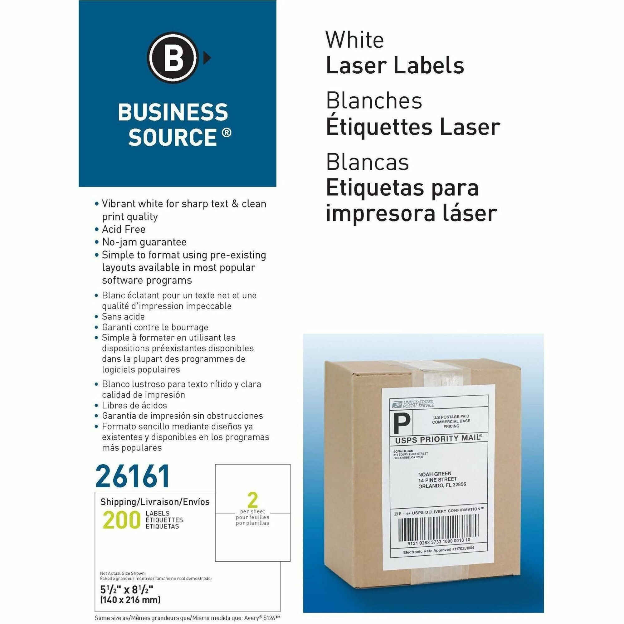 Business Source Shipping Labels - 5 1/2" Width x 8 1/2" Length - Permanent Adhesive - Rectangle - Laser, Inkjet - White - 2 / Sheet - 100 Total Sheets - 200 / Box - Lignin-free, Jam-free, Smudge Resistant