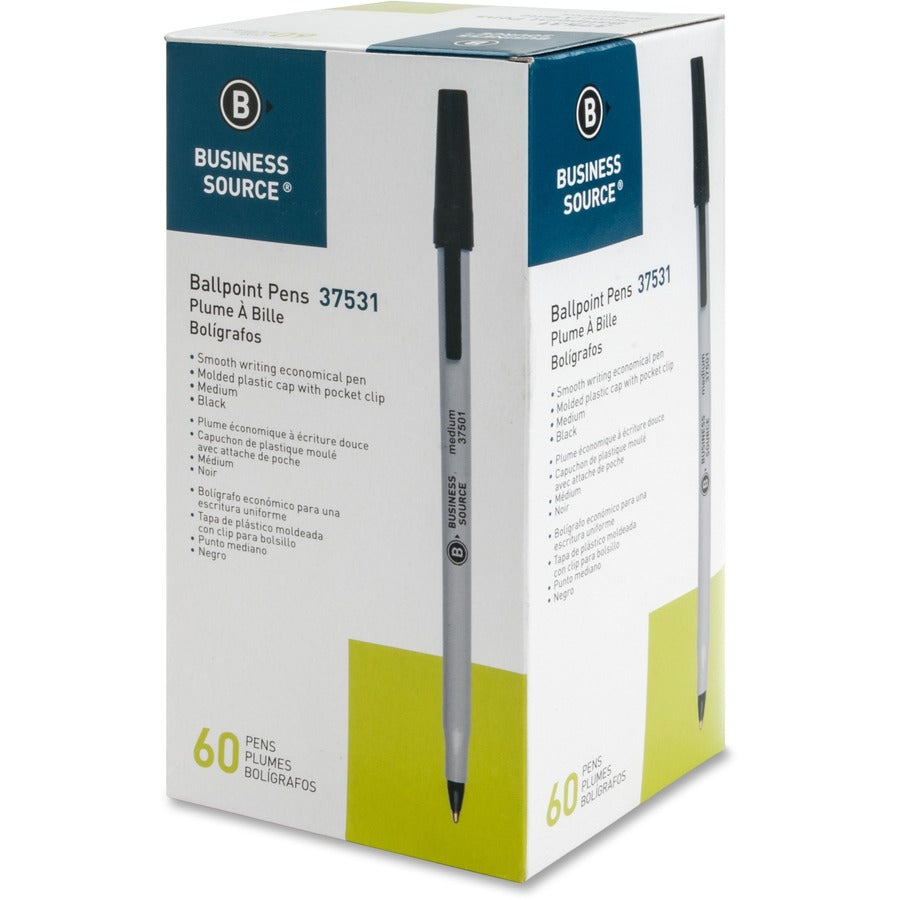 Business Source Bulk Pack Ballpoint Stick Pens - Medium Pen Point - Black - Tungsten Carbide Tip - 60 / Box