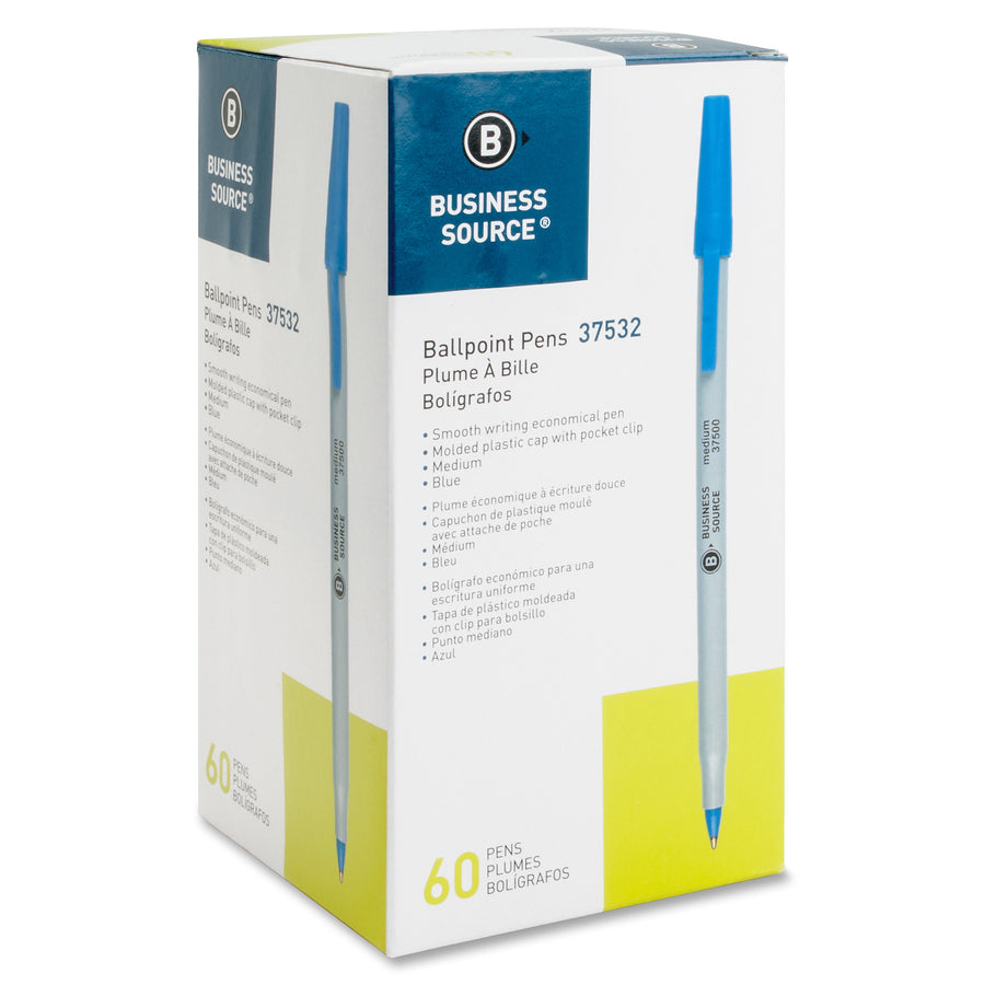 Business Source Bulk Pack Ballpoint Stick Pens - Medium Pen Point - Blue - Tungsten Carbide Tip - 60 / Box