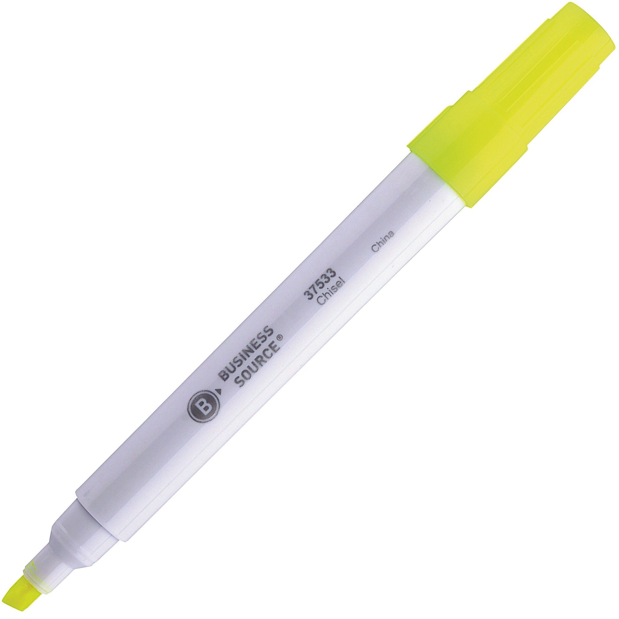 Business Source Chisel Tip Yellow Value Highlighter - Chisel Marker Point Style - Yellow - White Barrel - 1 Dozen - 