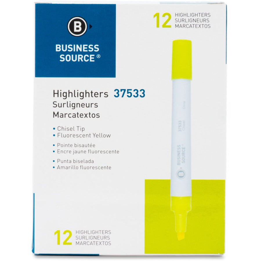 Business Source Chisel Tip Yellow Value Highlighter - Chisel Marker Point Style - Yellow - White Barrel - 1 Dozen