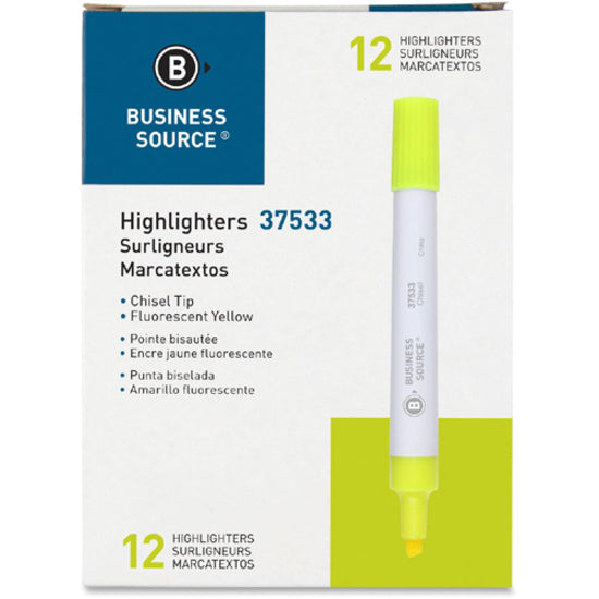 Business Source Chisel Tip Yellow Value Highlighter - Chisel Marker Point Style - Yellow - White Barrel - 1 Dozen - 