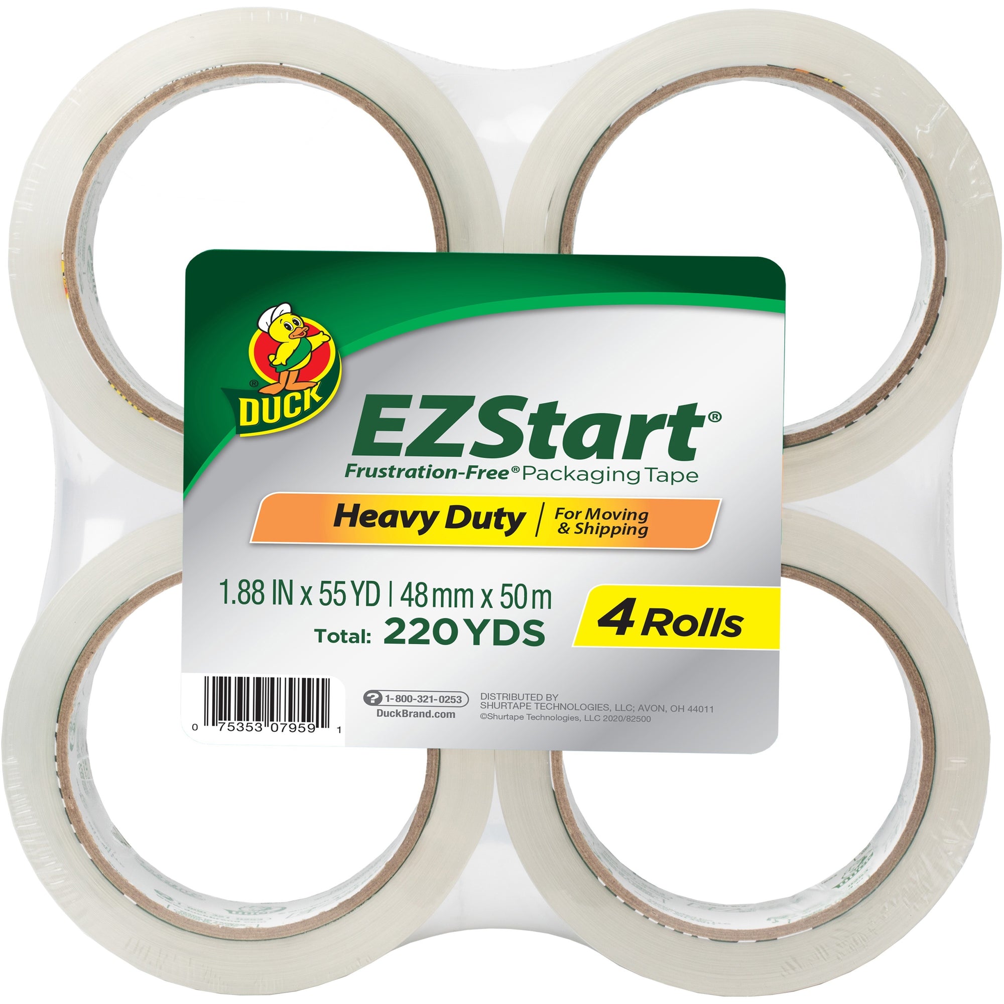 Duck Brand EZ Start Crystal Clear Packaging Tape - 54.60 yd Length x 1.88" Width - 2.6 mil Thickness - 3" Core - Acrylic - UV Resistant, Tear Resistant, Age Resistant, Split Resistant - For Sealing - 4 / Pack - Crystal Clear